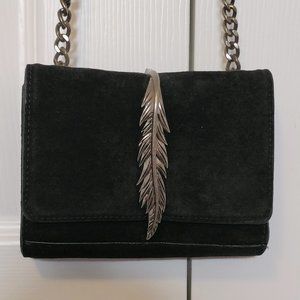 Faux Suede Crossbody Purse with Metal Feather Accent